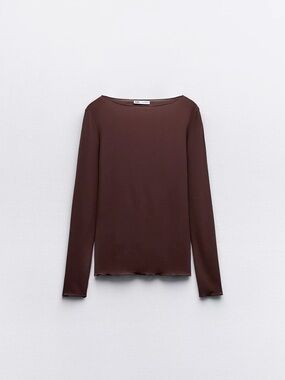 Brown Long-Sleeve Boatneck Top